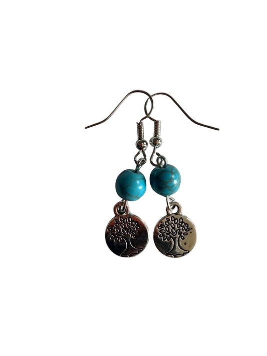 Handmade Turquoise Tree of Life Dangle Earrings – Silver Boho Charm Earrings