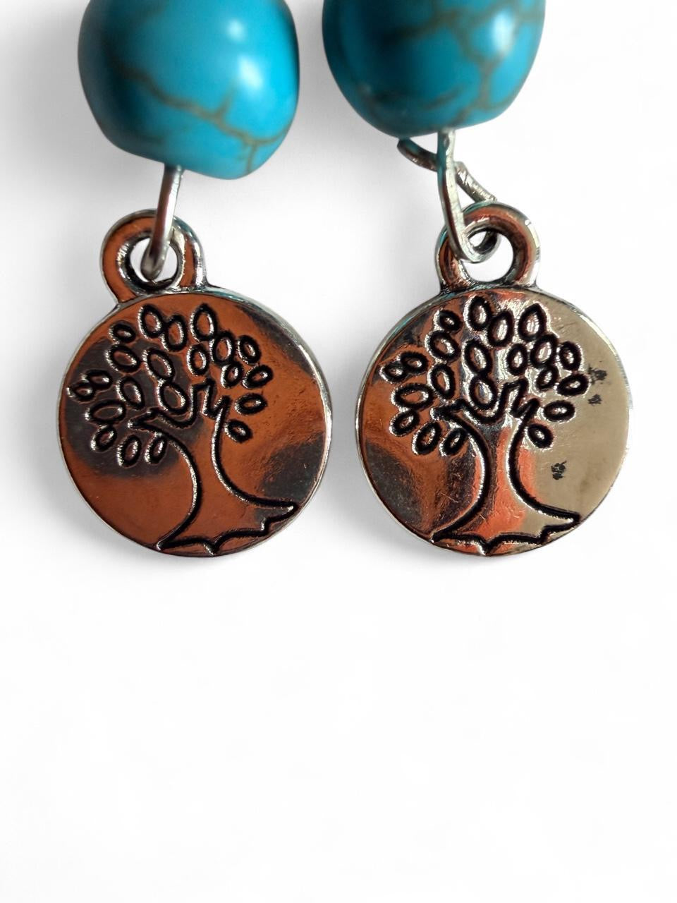 Handmade Turquoise Tree of Life Dangle Earrings – Silver Boho Charm Earrings