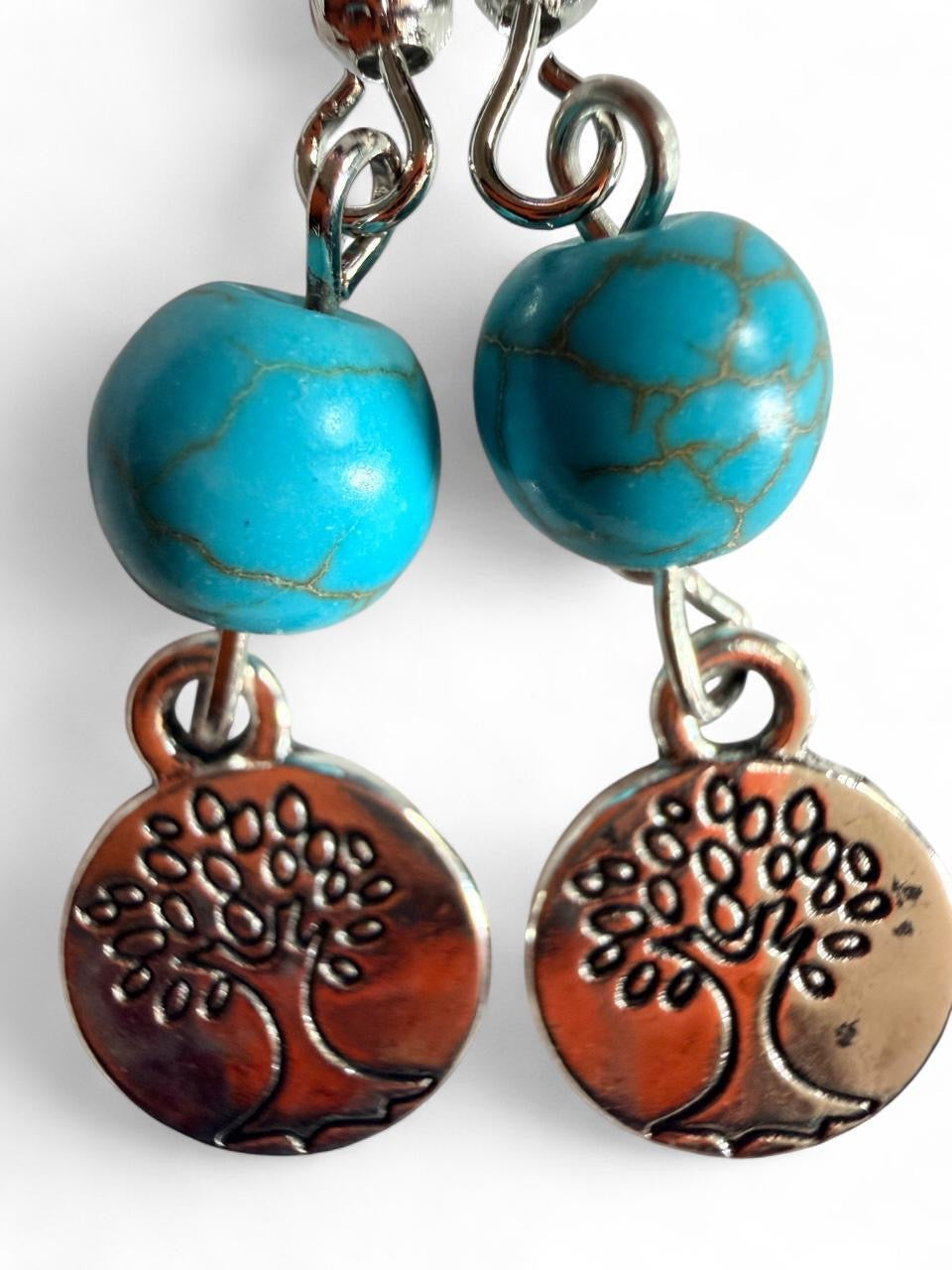 Handmade Turquoise Tree of Life Dangle Earrings – Silver Boho Charm Earrings