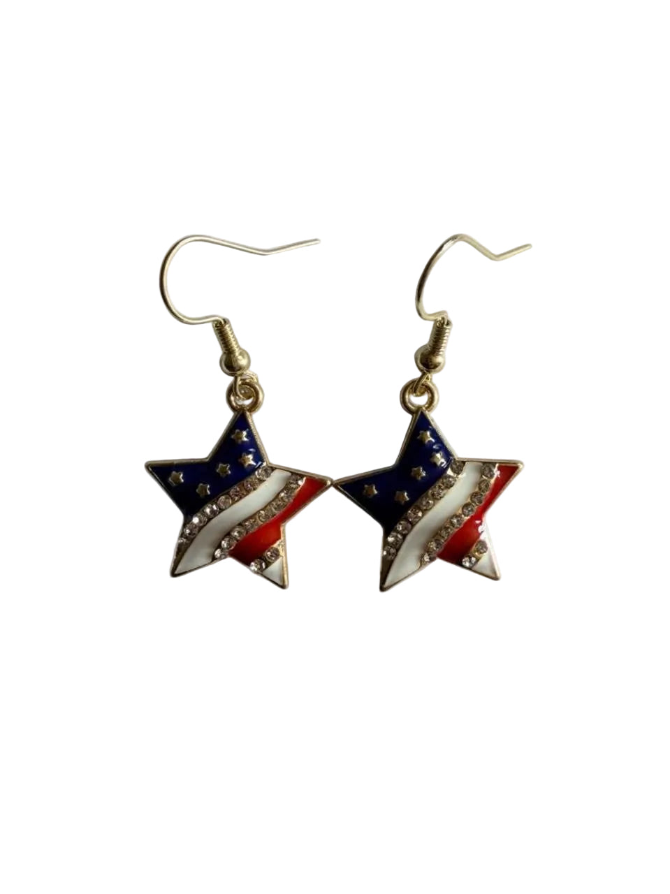 End of Summer Americana Star Earrings - American Flag Rhinestone Swirl Star Dangle