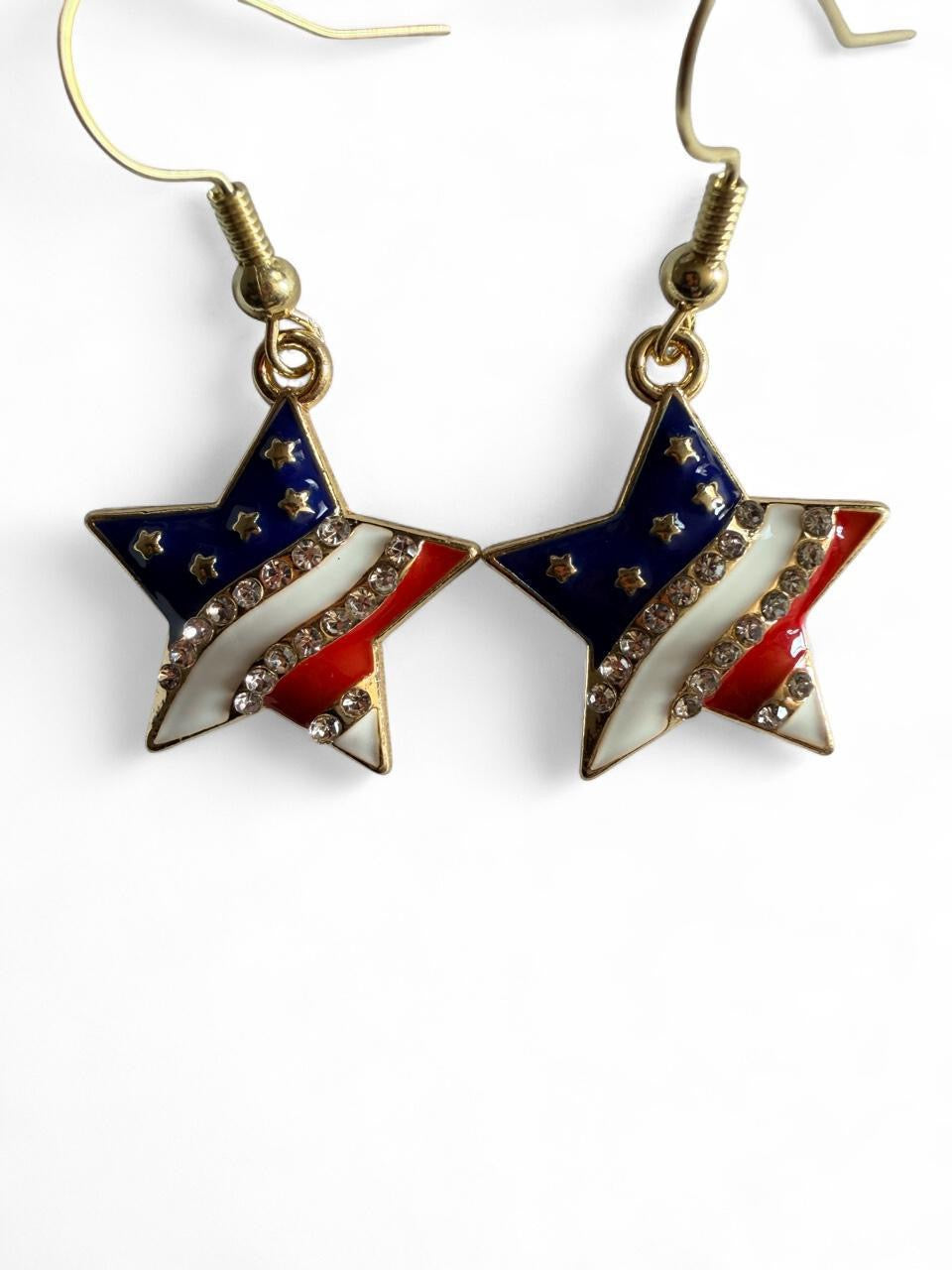 End of Summer Americana Star Earrings - American Flag Rhinestone Swirl Star Dangle