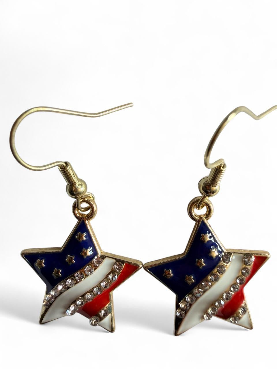 End of Summer Americana Star Earrings - American Flag Rhinestone Swirl Star Dangle