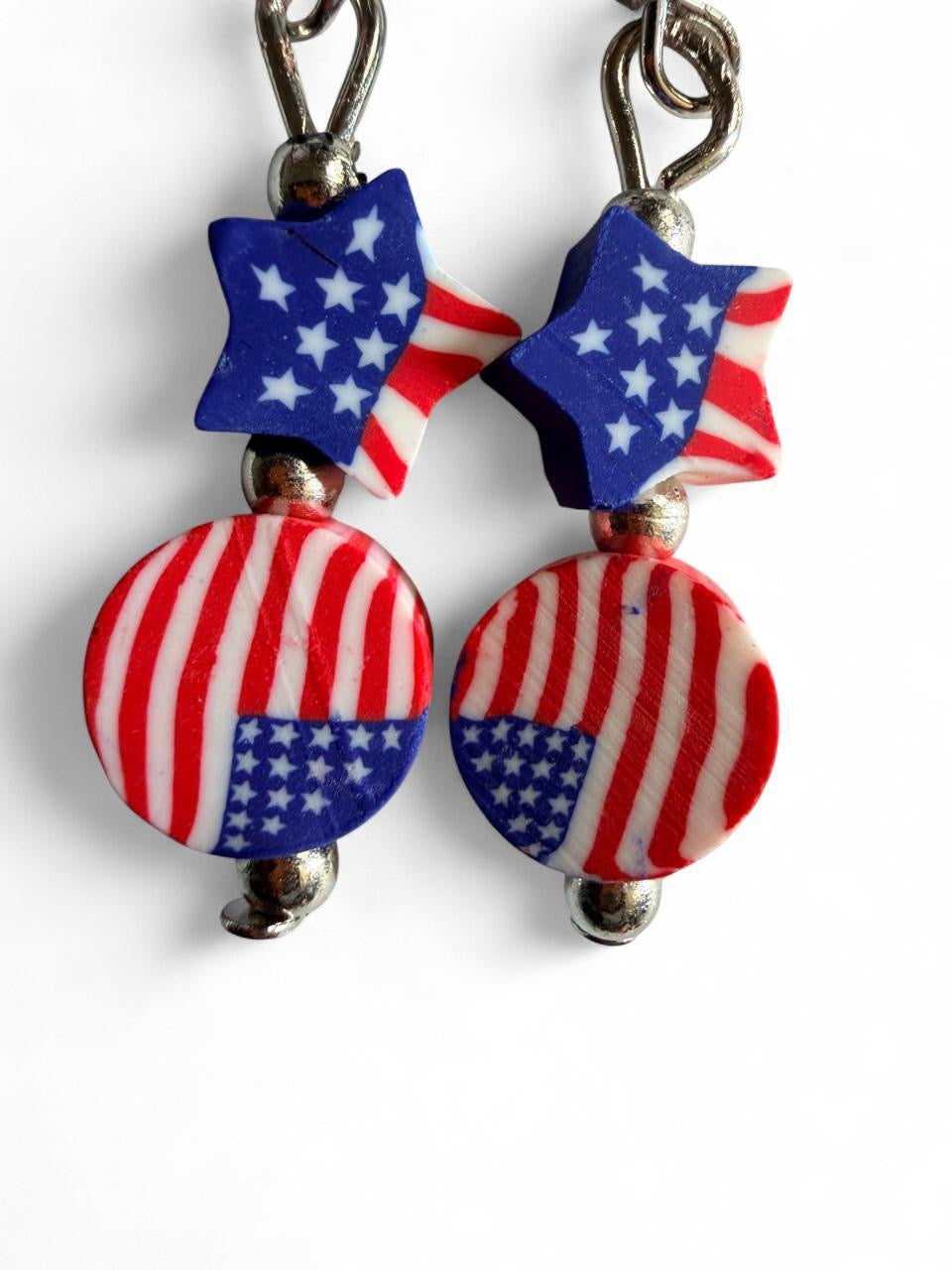 End of Summer Americana Flag Earrings - American Flag Star and Round Disc Dangle