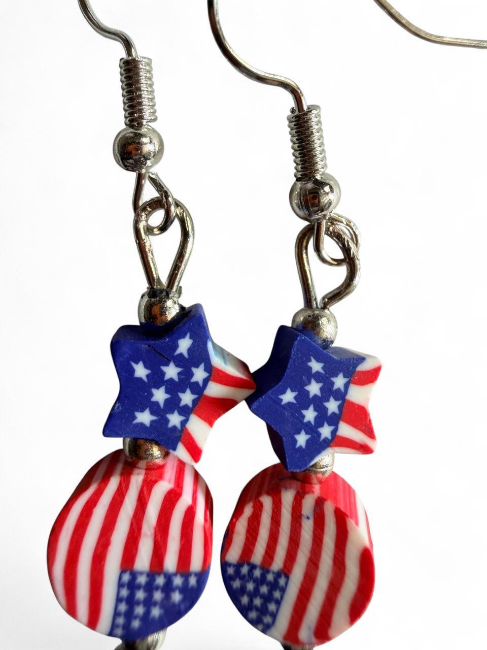 End of Summer Americana Flag Earrings - American Flag Star and Round Disc Dangle