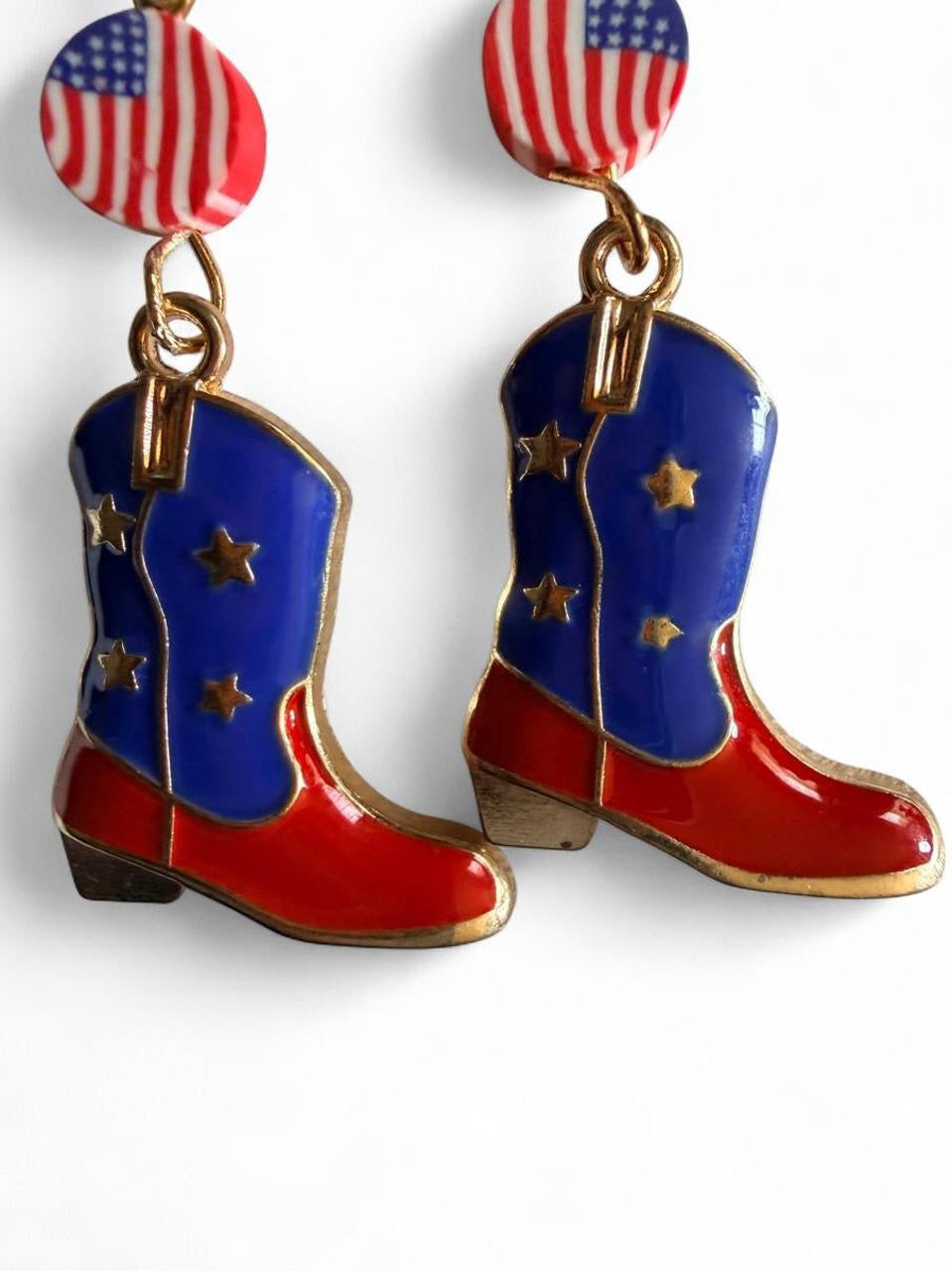 End of Summer Americana Cowboy Boot Earrings - American Flag Boot Dangle