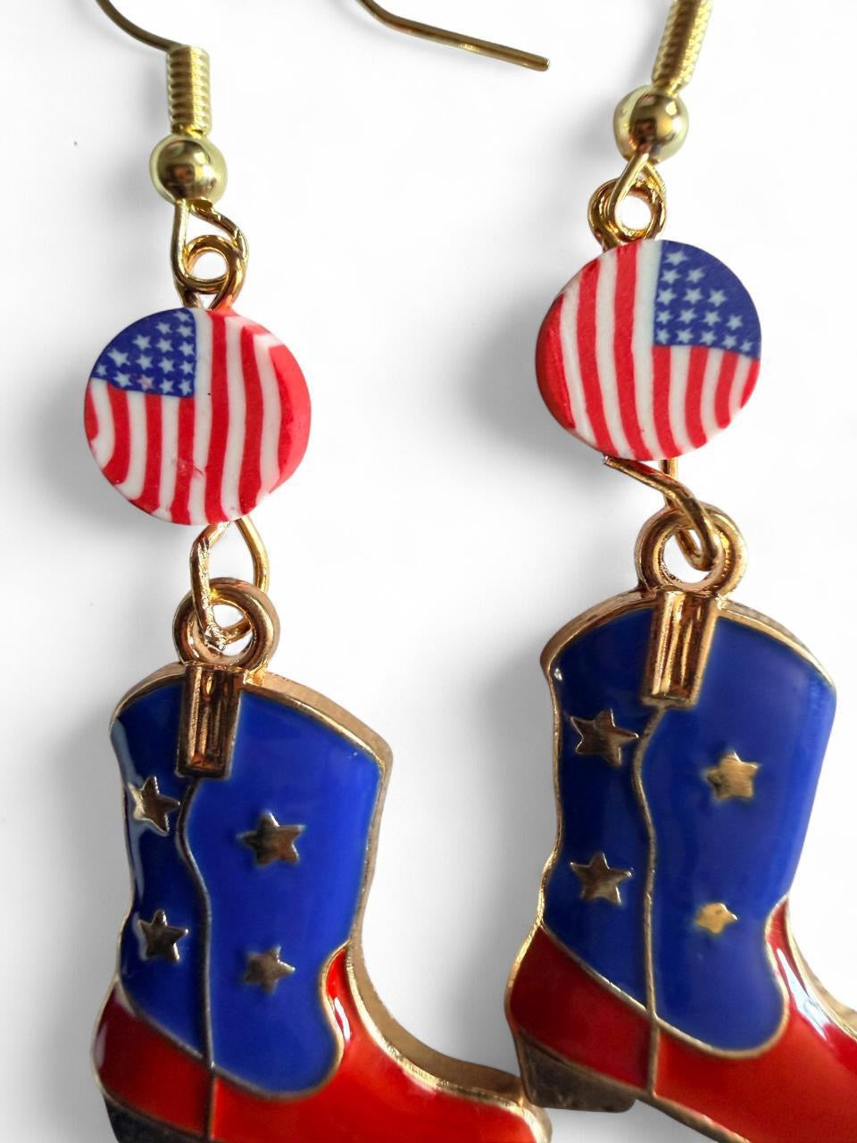 End of Summer Americana Cowboy Boot Earrings - American Flag Boot Dangle