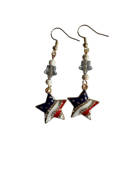 End of Summer Americana Star Earrings - American Flag Rhinestone Star Dangle