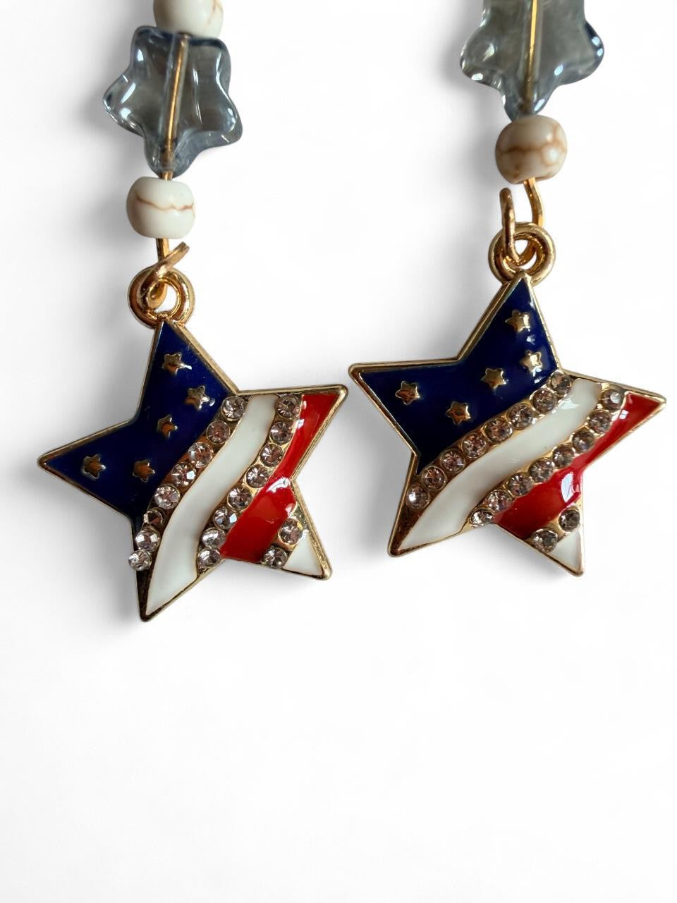 End of Summer Americana Star Earrings - American Flag Rhinestone Star Dangle