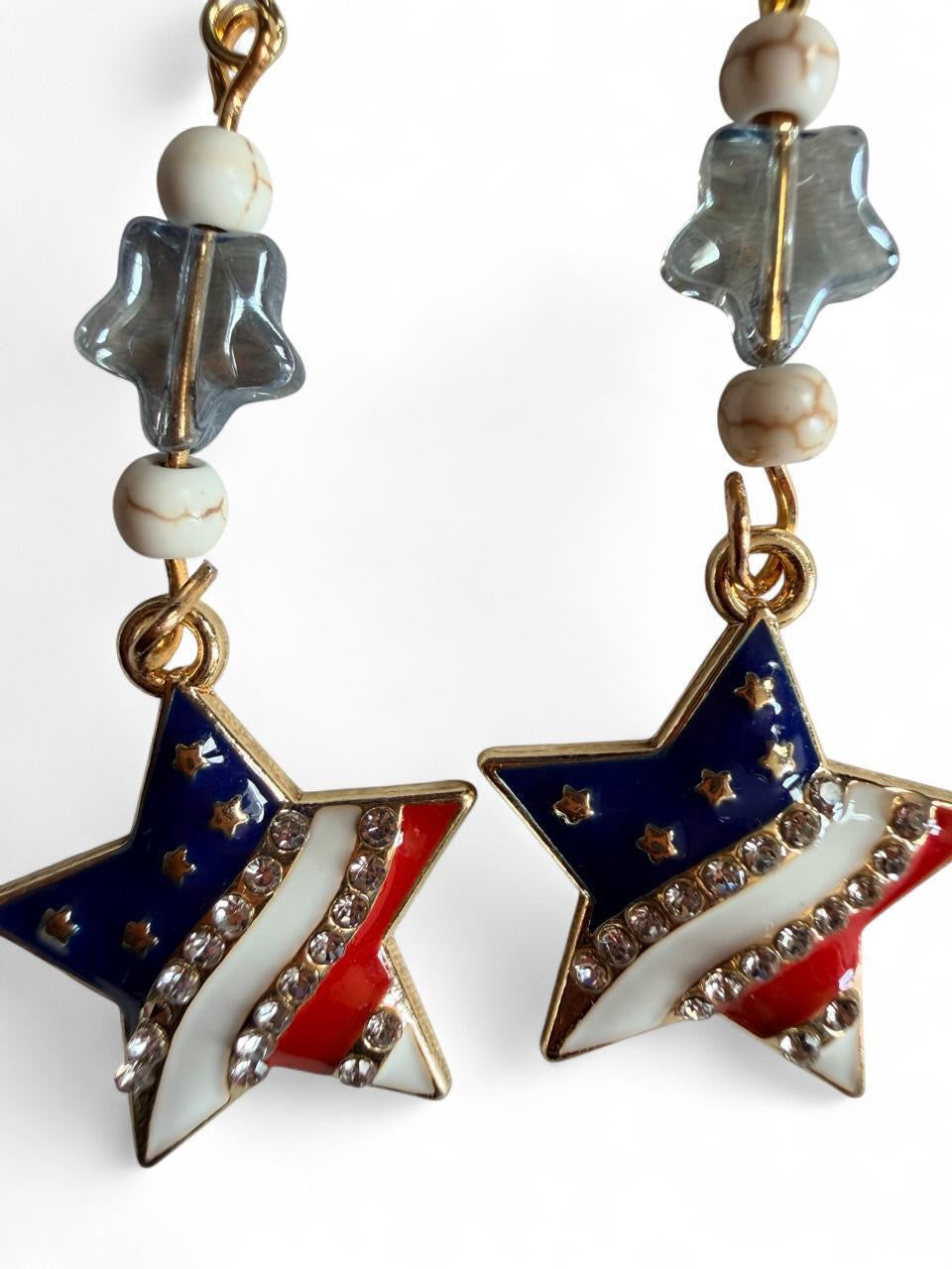 End of Summer Americana Star Earrings - American Flag Rhinestone Star Dangle